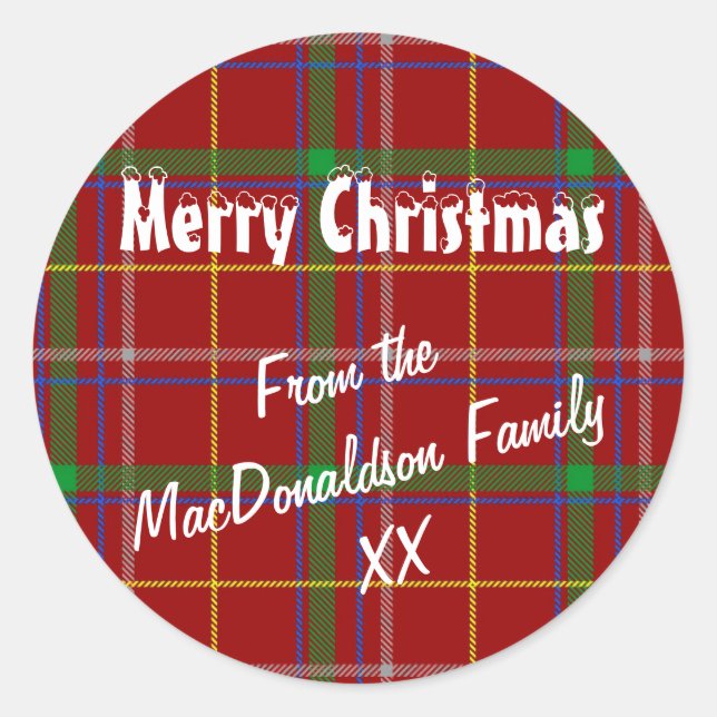 Red tartan kariert Merry Xmas Runder Aufkleber (Vorderseite)