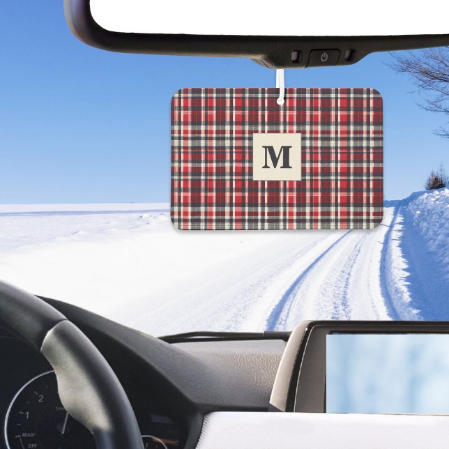 Red Tartan Kariert Stilvoll Mit Monogramm Winterau Autolufterfrischer (A car air freshener with tartan plaid pattern in red, charcoal gray and white, with monogram initial)