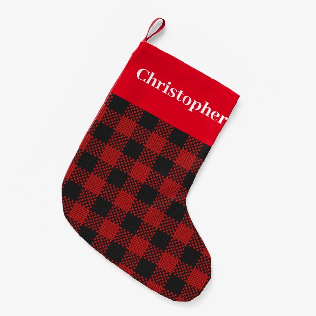 Red Tartan Karo mit Monogramm für Ihn Kleiner Weihnachtsstrumpf (Vorderansicht (hängend))