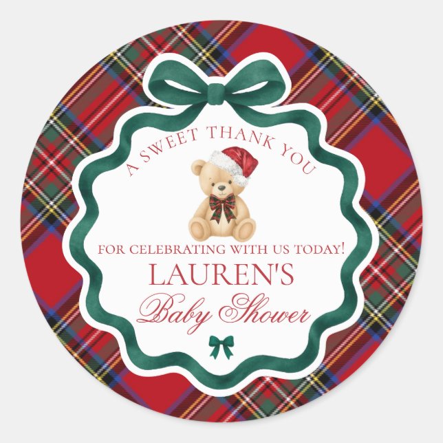 Red Tartan Plaid Christmas Bear Baby Shower Favor Runder Aufkleber (Vorderseite)