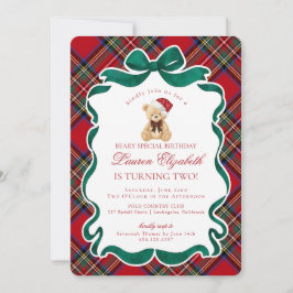 Red Tartan Plaid Christmas Bear Birthday Einladung