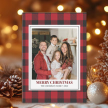 Red Tartan Plaid with Christmas Family Photo