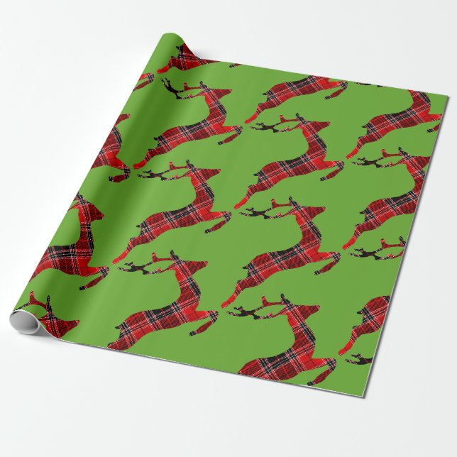 Red Tartan Rentier Schottische Weihnachten Geschenkpapier (Ungerollt)