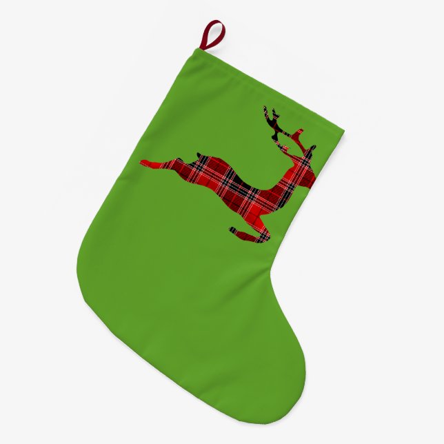 Red Tartan Rentier Schottische Weihnachten Großer Weihnachtsstrumpf (Vorderansicht (hängend))