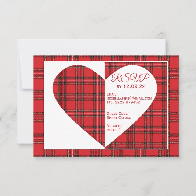 Red Tartan Wedding RSVP Information Card (Vorderseite)