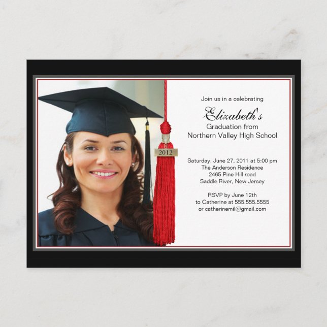 Red Tassel Foto Graduation Party Einladung (Vorderseite)