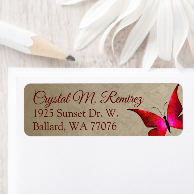 Red, Taupe Butterfly Return Address Labels (Insitu)