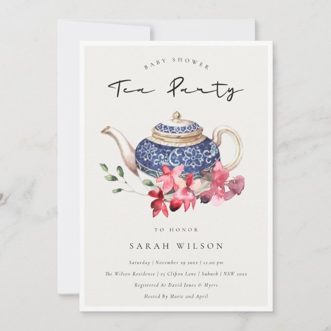  Red Teapot Floral Baby Dusche Tee Party Einladung (Vorderseite)