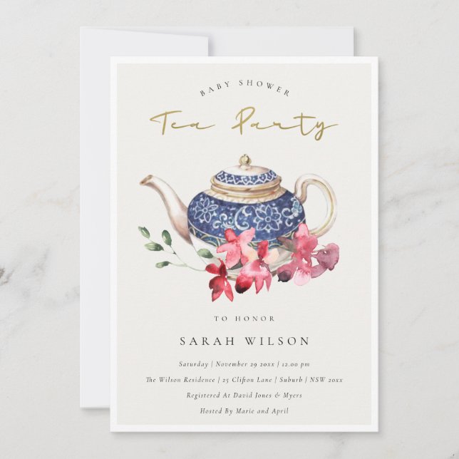 Red Teapot Floral Baby Dusche Tee Party Einladung (Vorderseite)