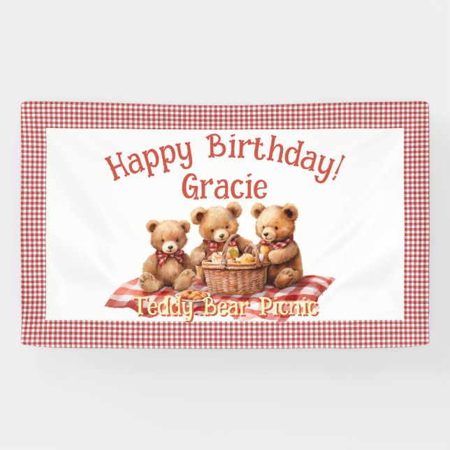 Red Teddy Bear Picnic Happy Birthday Banner (Horizontal)