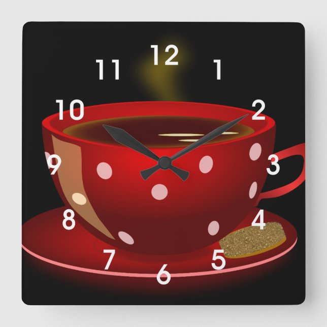 Red Tee oder Coffee Cup Kitchen Wall Clock Quadratische Wanduhr (Vorderseite)