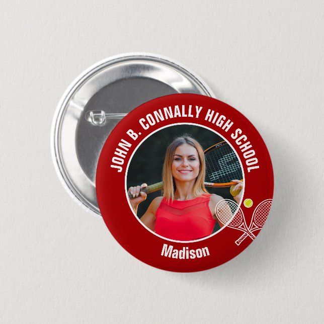 Red Tennis Player Photo High School Spirit Button (Vorne & Hinten)