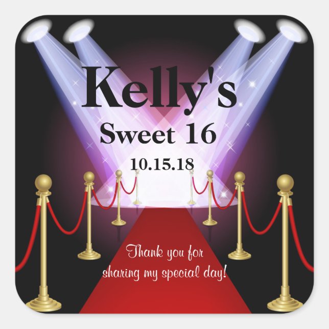 Red Tepet Hollywood Sweet 16 Gastgeschenk Labels Quadratischer Aufkleber (Vorderseite)