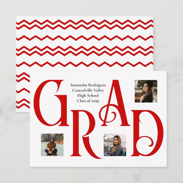 Red Three-Foto Classic & Bold GRAD Letter Ankündigung (Vorne/Hinten)
