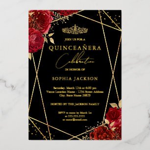 Red Tiara Floral Gold Quinceanera Modern Folieneinladung