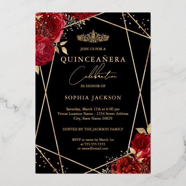 Red Tiara Floral Gold Quinceanera Modern Folieneinladung (Vorderseite)