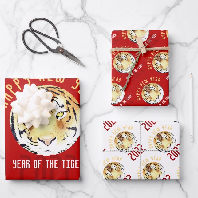 Red Tiger Wasserfarbe Chinesisch Neujahr 2022 Zodi Geschenkpapier Set (Vorderseite)