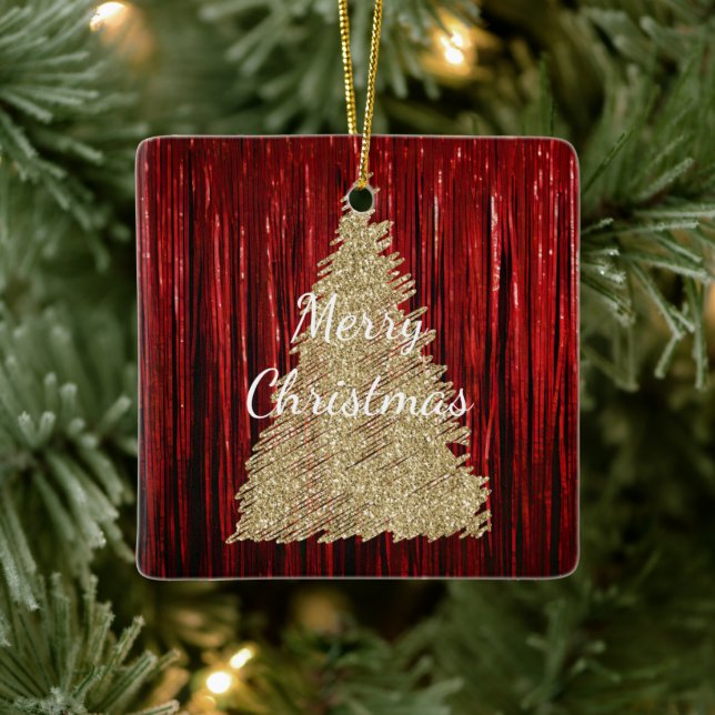 Red Tinsel Gold Weihnachtsbaum Keramikornament (Baum)