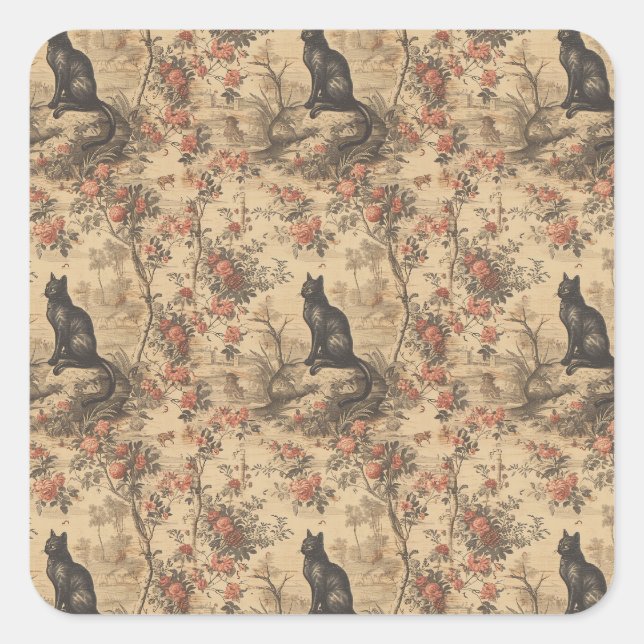 Red Toile Chinoiserie Cat Damask Quadratischer Aufkleber (Vorderseite)