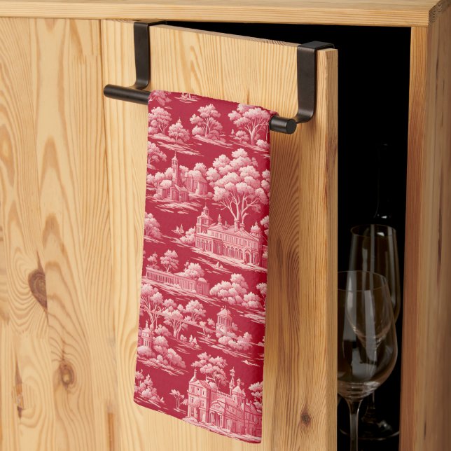 Red Toile-de-Jouy Geschirrtuch (Drittel gefaltet)