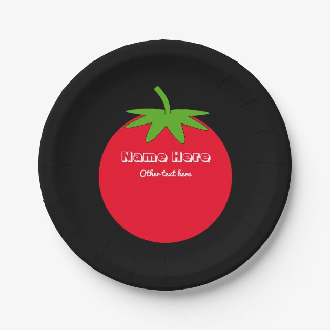Red Tomato White Custom Text on Black, Food Themed Pappteller (Vorderseite)