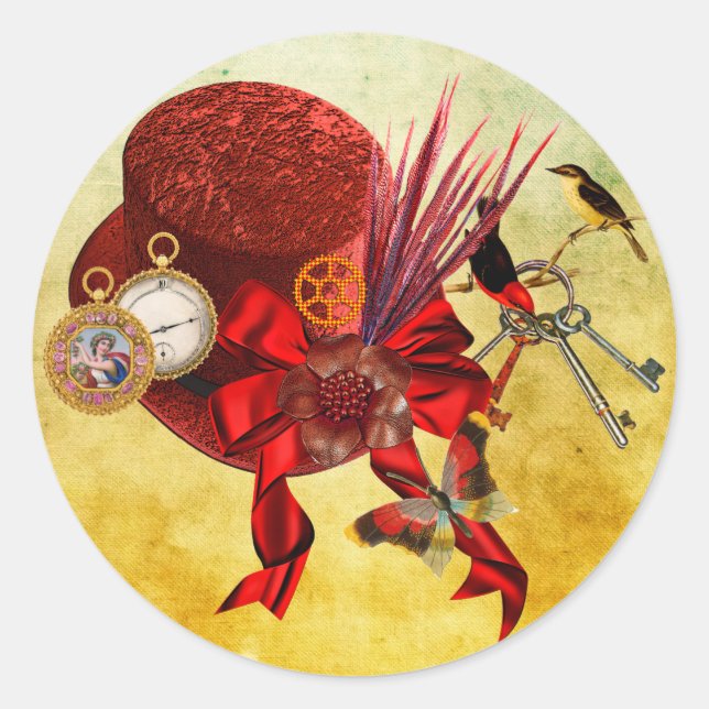 Red Top Hat Vögel Taschenuhr Steampunk Art Runder Aufkleber (Vorderseite)