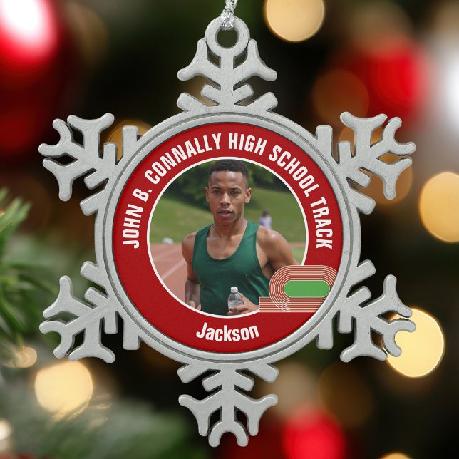 Red Track & Field Photo High School Athlete Schneeflocken Zinn-Ornament (Von Creator hochgeladen)