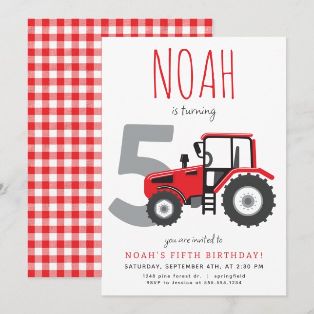 Red Tractor Cinquième anniversaire Invitation (Devant / Derrière)