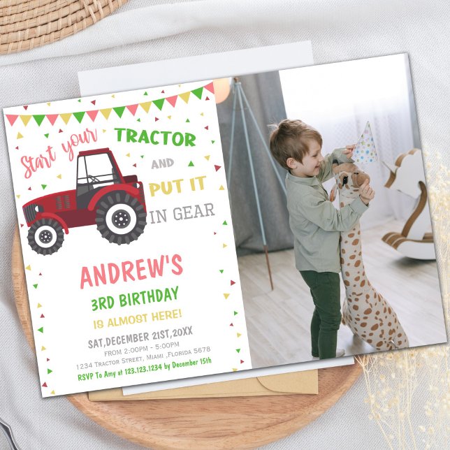 Red Tractor Invitations d'anniversaire avec photo (Red Tractor Birthday Invitations with photo)