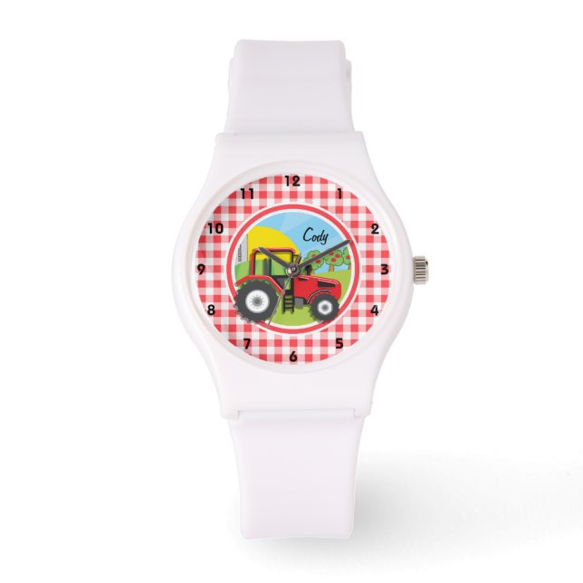 Red Tractor on Red and White Gingham Armbanduhr (Vorderseite)