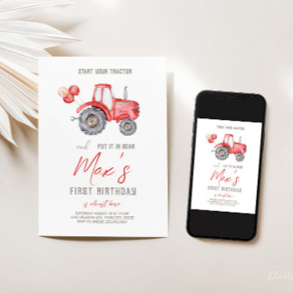 Red Tractor Thema Geburtstag Einladung