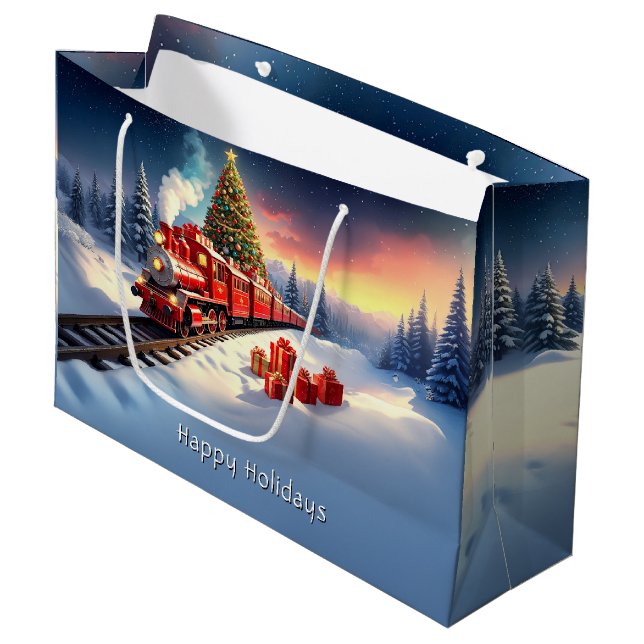 Red Train Christmas Tree Holiday Gift Bag Große Geschenktüte (Vorderseite Schrägansicht)