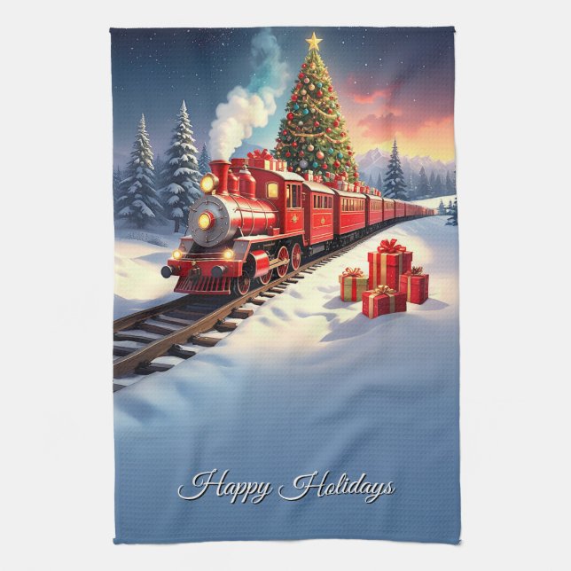 Red Train Christmas Tree Holiday Kitchen Towel Geschirrtuch (Vertikal)