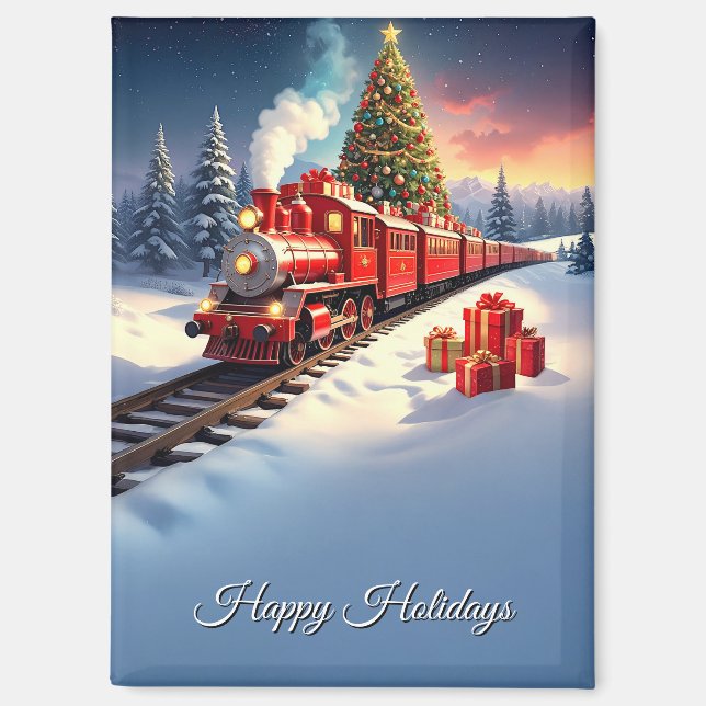 Red Train Christmas Tree Holiday Magnet (Recto)