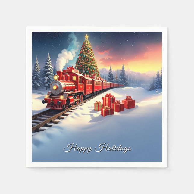 Red Train Christmas Tree Holiday Napkin Serviette (Vorderseite)