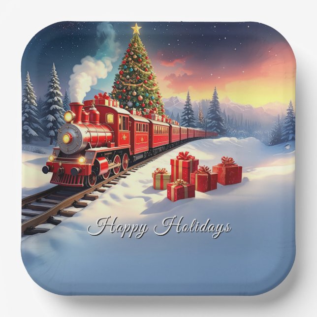 Red Train Christmas Tree Holiday Paper Plate Pappteller (Vorderseite)