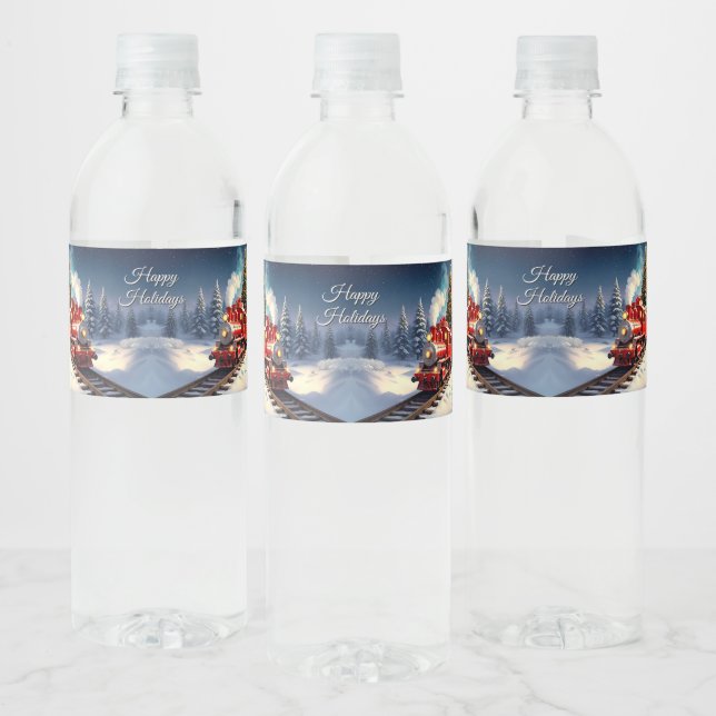 Red Train Christmas Tree Water Bottle Label (Flaschen)