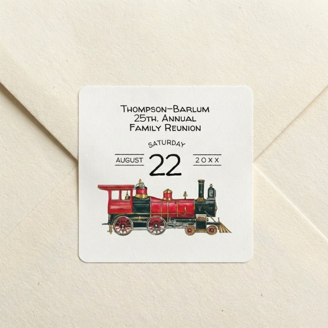 Red Train Family Reunion Quadratischer Aufkleber (Red Train Family Reunion Invitation Square Sticker)