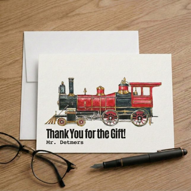 Red Train Flat Vielen Dank Postkarte (Classic Steam Locomotive Thank You Postcard)