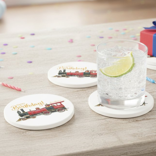 Red Train Joyeux anniversaire Dessous de verre de  (Red Train Happy Birthday Sandstone Coaster)