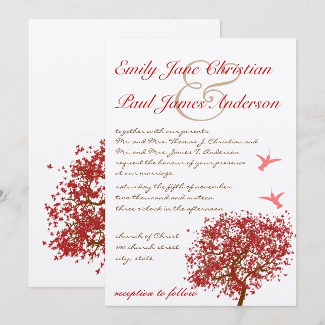 Red Tree Humming Bird Hochzeitseinladung Einladung (Vorne/Hinten)