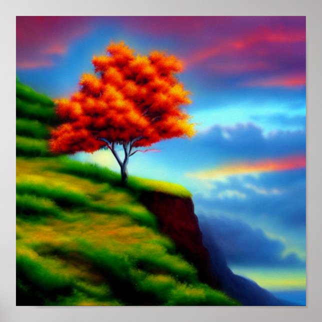 Red Tree on a Cliff at Sunset Poster (Vorne)