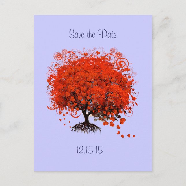 Red Tree on Perwinkle Wedding Save the Date Ankündigungspostkarte (Vorderseite)