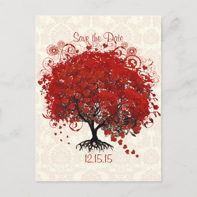 Red Tree Wedding Save the Date Silver Cloud Damask Ankündigungspostkarte (Vorderseite)