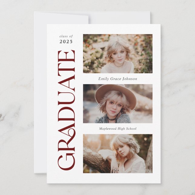 Red Trendy Serif Abschluss mit mehreren Fotos Ankündigung (Vorderseite)