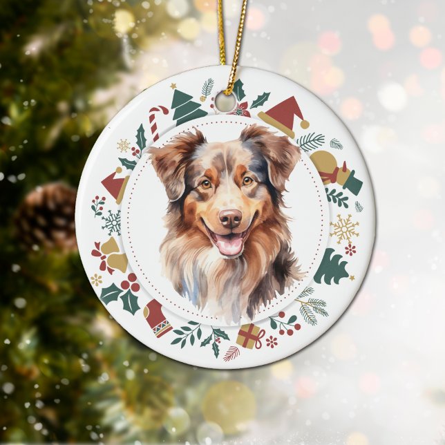Red Tricolor Australian Shepherd Dog Wreath Keramik Ornament (Von Creator hochgeladen)