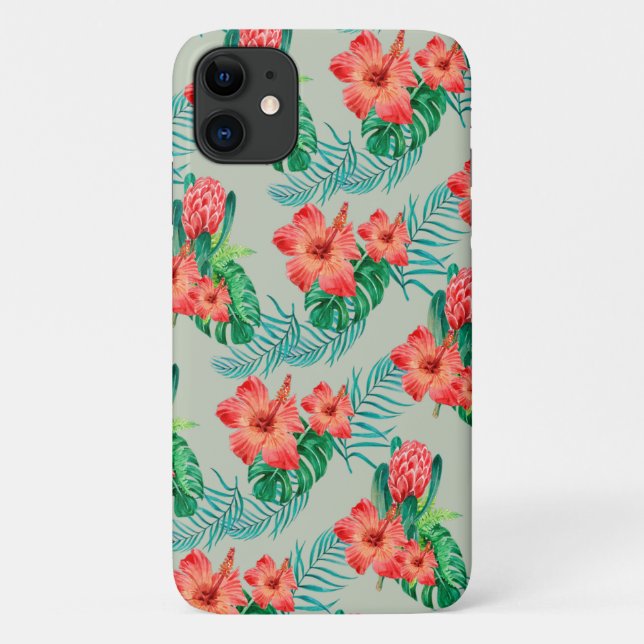Red Tropical Floral on Sage Case-Mate iPhone Hülle (Rückseite)