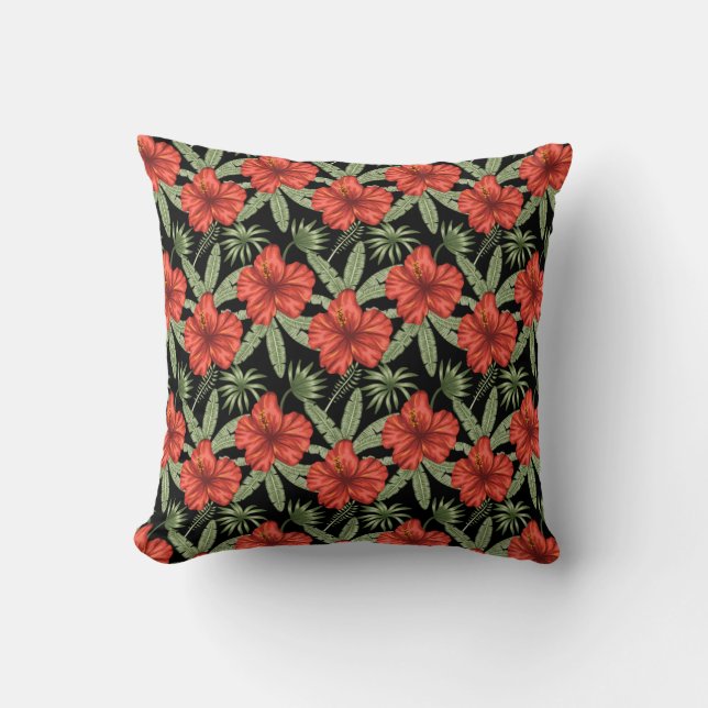 Red tropical flowers seamless pattern green leaves kissen (Vorderseite)