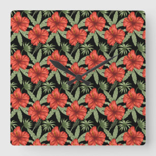 Red tropical flowers seamless pattern green leaves quadratische wanduhr