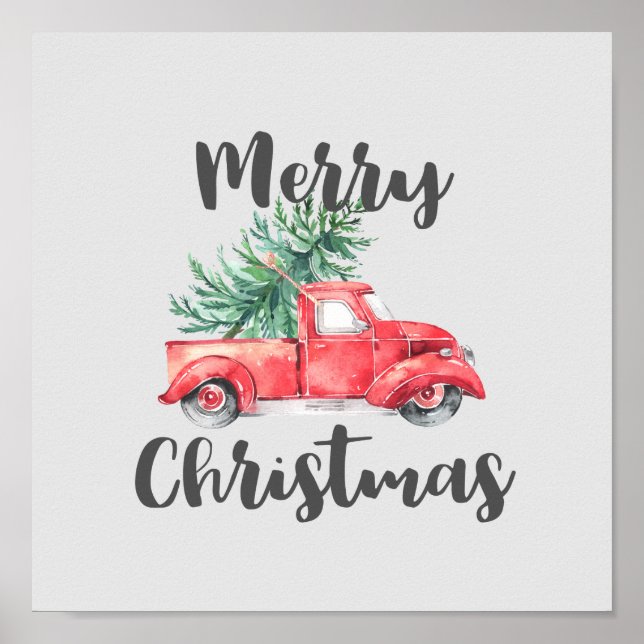 Red Truck and Tree Frohe Weihnachten Poster (Vorne)